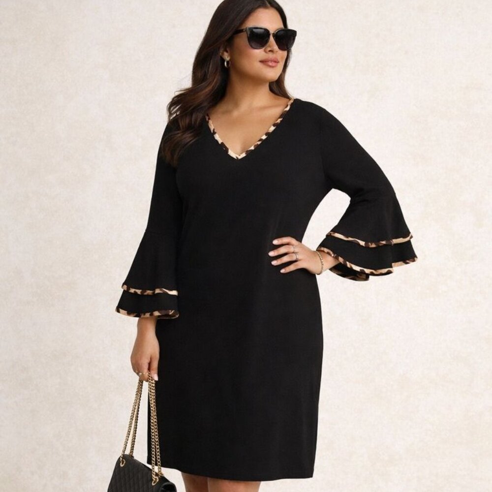 Cato 14 Black Leopard Trim‎ Double Bell Sleeve V-Neck Stretch Crepe Shift Dress